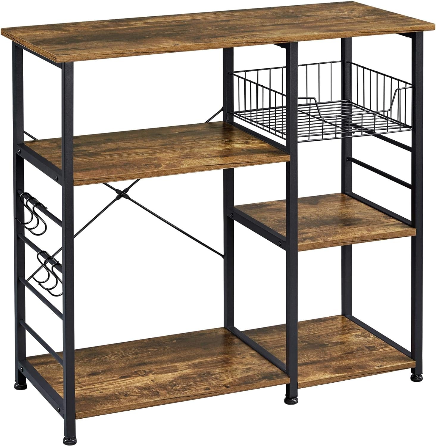 4-Tier Kitchen Baker'S Rack, Coffee Bar Microwave Stand Cart with Wire Basket & 6 Side Hooks, Kitchen Organizer Shelf for Spices/Utensils Foods, Rustic Brown